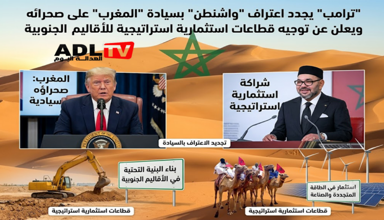 وضع صورة تعبيرية تركيبية مع وضع عبارة: "ترامب" يجدد اعتراف "واشنطن" بسيادة "المغرب" على صحرائه ويعلن عن توجيه قطاعات استثمارية استراتيجية للأقاليم الجنوبية
